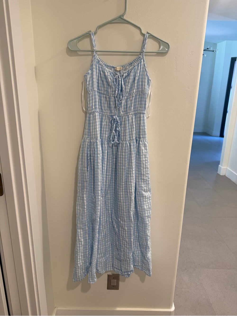 Summer blue and white checkered maxi dress